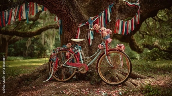 Fototapeta A vintage bicycle adorned with flowers and ribbons rests against a large oak tree.