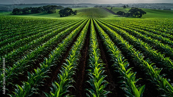 Fototapeta  Aerial view of a field of young corn plants, with orderly rows stretching out towards the horizon, depicting early growth in agriculture