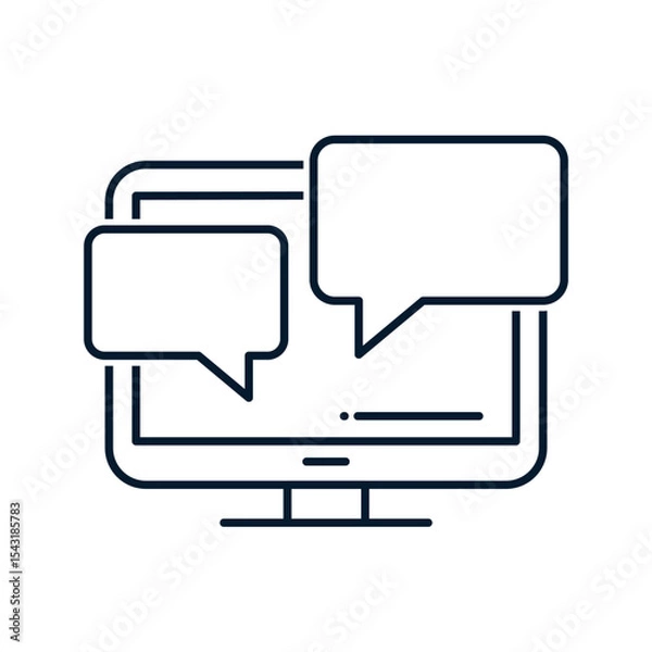 Fototapeta Computer, speech bubbles, dialog boxes. Concept of online chat, support service, comments. Vector linear icon isolated on white background.