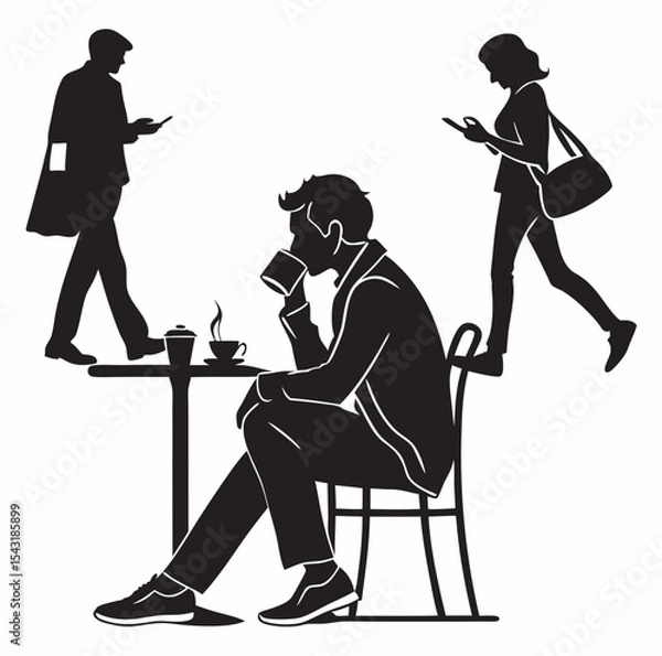 Fototapeta Silhouette of people walking and sitting at a table drinking coffee and using their cellphones outside cafe created with generated ai