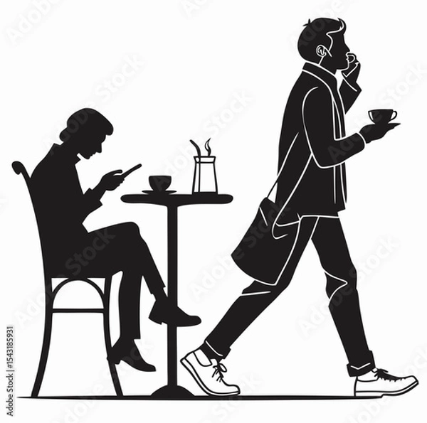 Fototapeta Silhouette of people at cafe with one person on phone and another carrying coffee while walking created with generated ai
