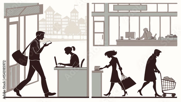 Fototapeta Silhouetted figures engaged in various activities of daily life in an urban environment depicted here created with generated ai