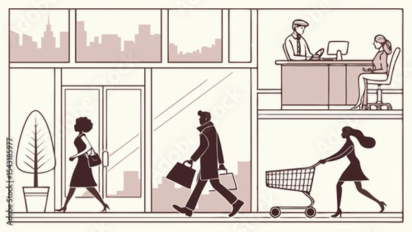 Fototapeta Illustration showing people shopping, working at a desk, and walking with shopping bags in a city scene created with generated ai