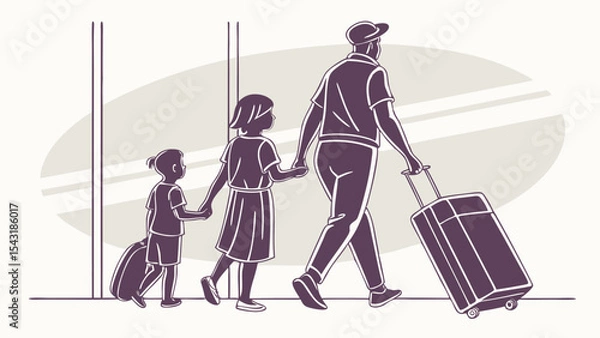 Fototapeta Illustration of a father with two children walking with luggage at an airport terminal together on vacation created with generated ai