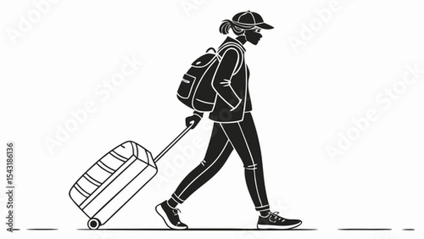 Fototapeta A girl with a backpack and a suitcase walking on a white background in black and white illustration created with generated ai