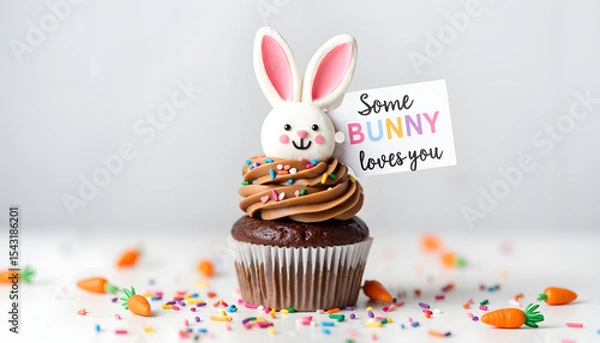 Fototapeta Chocolate cupcake with bunny topper and colorful sprinkles on white background  