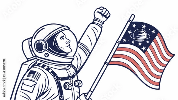Fototapeta Astronaut raising fist holding flag with planet and stars representing space exploration and achievement created with generated ai