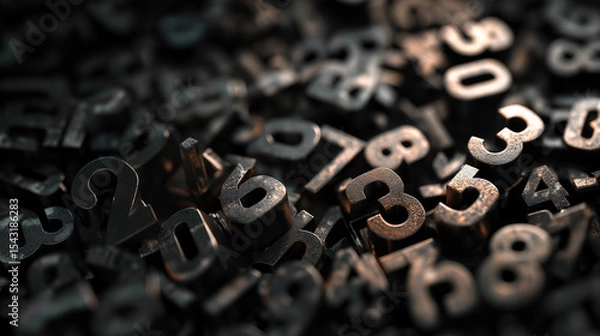 Fototapeta Metallic numbers scattered in a dark abstract environment, evoking concepts of mathematics, randomness, and finance – ideal for backgrounds or conceptual design.