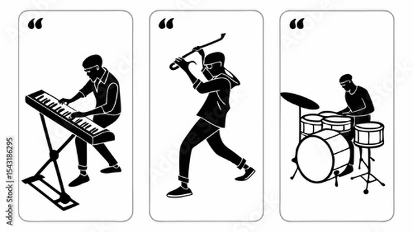 Fototapeta Three musicians playing instruments on individual cards in black and white illustration style created with generated ai