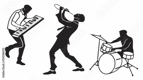 Fototapeta Band performing music with keyboard player, trumpet player, and drummer in black and white silhouette style created with generated ai