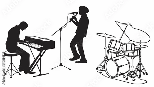 Fototapeta Silhouette of a musical band performing with piano, singer and drums on a white background stage view created with generated ai