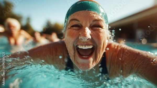 Obraz An elderly woman joyfully swims in a pool, radiating happiness and vitality, embodying the spirit of life and wellness, and inspiring others with her exuberance.