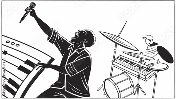Fototapeta A musician sings into a microphone while playing the piano with a drummer in the background performing created with generated ai
