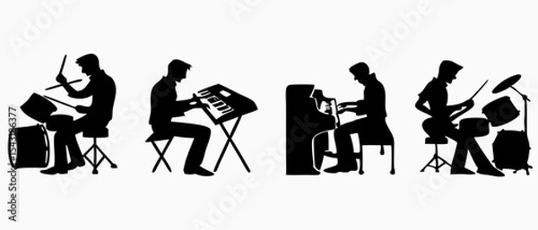 Fototapeta Silhouetted musicians performing on drums keyboard and piano in a musical ensemble arrangement scene created with generated ai