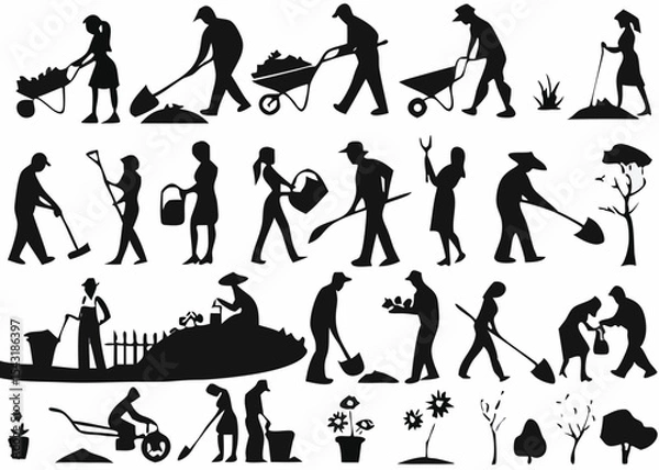 Fototapeta Silhouettes of people gardening and working with tools like shovels and wheelbarrows in various poses created with generated ai