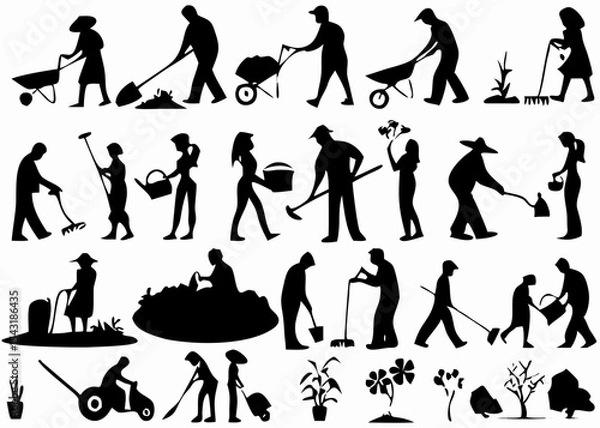 Fototapeta Silhouettes of people gardening and landscaping with various tools and equipment shown in black and white created with generated ai