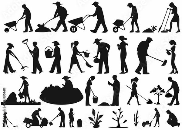 Fototapeta Silhouettes of people gardening and working with tools like shovels and wheelbarrows in a black and white image created with generated ai
