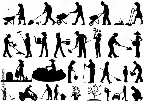 Fototapeta Silhouettes of people gardening with tools like shovels rakes wheelbarrows and watering cans in a garden created with generated ai