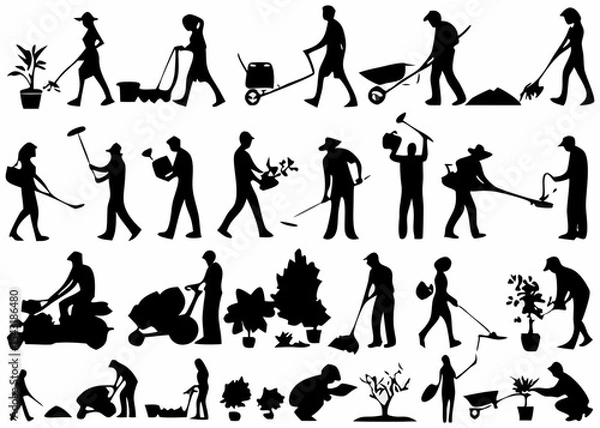 Fototapeta Silhouettes of various people engaged in gardening activities and using gardening equipment tools created with generated ai