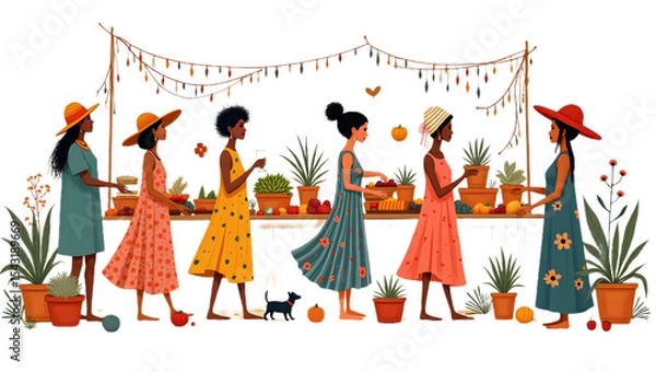 Obraz Colorful digital illustration of a woman shopping at a fruit market, isolated on transparent background—ideal for design projects, marketing, and cultural themes.