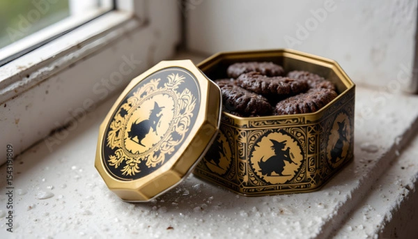 Fototapeta Chocolate cookies in decorative hexagonal tin box on windowsill  