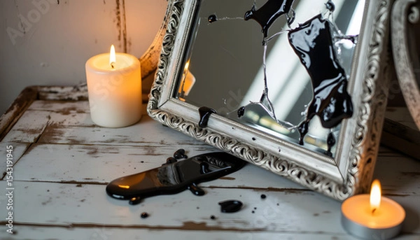 Fototapeta Broken mirror with black paint and candles on wooden table  