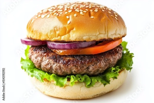 Fototapeta Delicious camel burger with lean meat patty, fresh vegetables, and sesame bun ready to be enjoyed on a white background