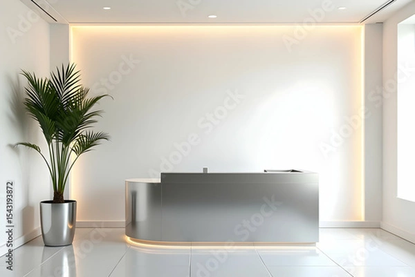Fototapeta Elegant reception area with modern design elements and sleek white surfaces creating a professional and welcoming atmosphere