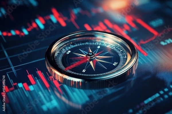 Fototapeta Digital compass hovering over stock charts, concept of financial guidance