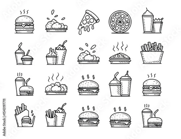 Fototapeta Diverse fast food selection of burgers, pizzas, fries and drinks presented in minimalist black and white sketches, silhouette