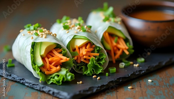 Fototapeta Exquisite spring rolls with vibrant vegetables served on a rustic slate plate, offering a fresh and healthy culinary experience
