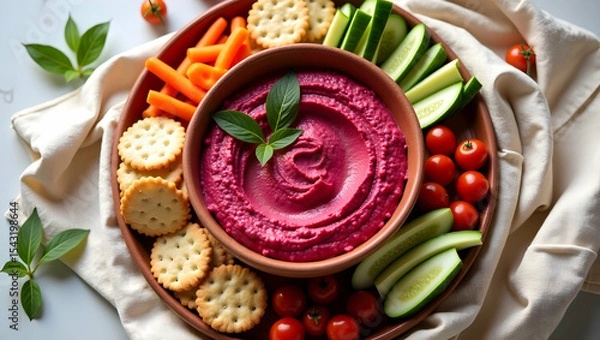 Fototapeta Eye-Catching Electric Pink Beetroot Hummus with Fresh Vegetables and Crispy Crackers on Display