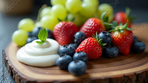 Fototapeta Eye-Level Showcase of Fresh Seasonal Fruits with Creamy Yogurt Drizzle Placed Artfully on Rustic Wooden Board