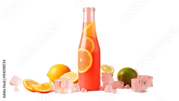 Obraz Chilled orange juice bottle with ice cubes and fresh orange slices, isolated on transparent background—ideal for refreshing summer drink ads, packaging, and health-themed designs.