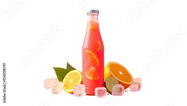 Obraz Chilled orange juice bottle with ice cubes and fresh orange slices, isolated on transparent background—ideal for refreshing summer drink ads, packaging, and health-themed designs.