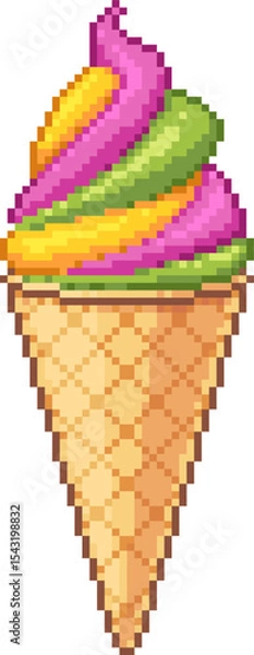 Fototapeta Pixel art illustration of a colorful swirl ice cream cone on a white background. Bright and fun dessert in a waffle cone for summer-themed designs. Vector graphic.