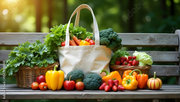 Fototapeta Fresh Harvest, A Colorful Array of Vegetables and Fruits Displayed on a Rustic Wooden Bench in Natural Light
