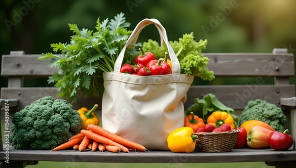 Fototapeta Freshly Picked Bounty, A Colorful Harvest Displayed on a Rustic Wooden Bench in a Serene Garden Setting