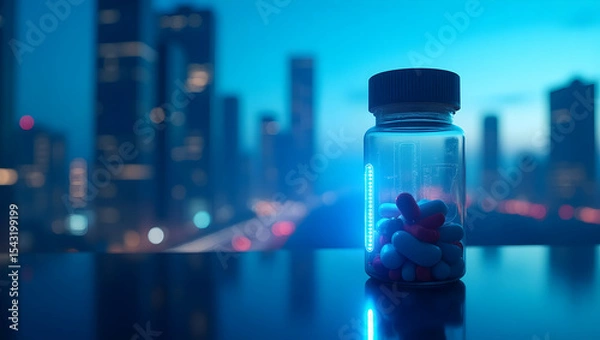 Fototapeta Futuristic Pill Bottle Showcasing Medication Against a Blurry Cityscape Backdrop with Advanced Technology