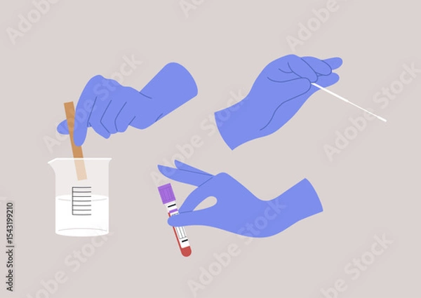 Obraz Hands wearing protective gloves engage in multiple laboratory tests, mixing solutions, collecting samples, and ensuring meticulous analysis in a clean, modern lab environment
