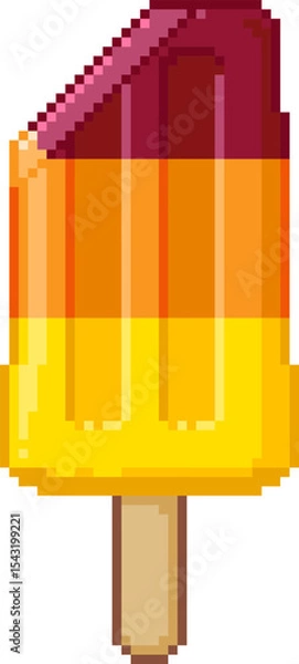 Fototapeta Pixel art illustration of a bitten colorful layered popsicle. Fun, summer-themed retro dessert with a bite taken out. Vector format, ideal for food or seasonal branding.