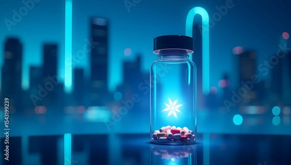 Fototapeta Futuristic Transparent Pill Bottle with Capsules Against an Abstract Cityscape in a Hi-Tech Setting