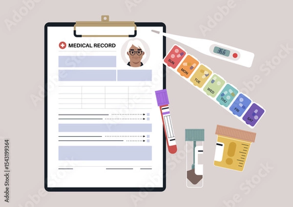 Obraz A detailed arrangement of medical lab samples, a clipboard featuring patient information, and a thermometer, highlighting crucial elements in health assessments