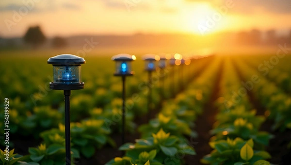 Fototapeta Golden evening light bathes rows of crops illuminated by modern marker lights, creating a serene and hopeful agricultural landscape