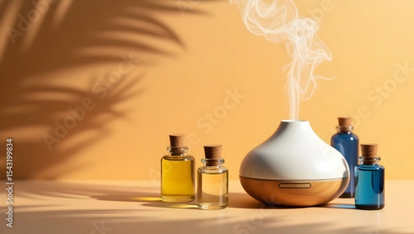 Fototapeta Harmonious Aromatherapy, A Still Life Composition with Essential Oils and a Diffuser Radiating Serenity and Wellness