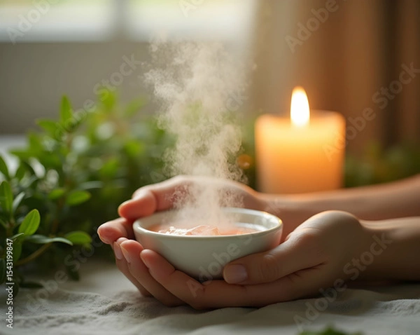 Fototapeta Hands gently cradling a warm, steaming bowl amidst a serene setting with soft candlelight and lush greenery
