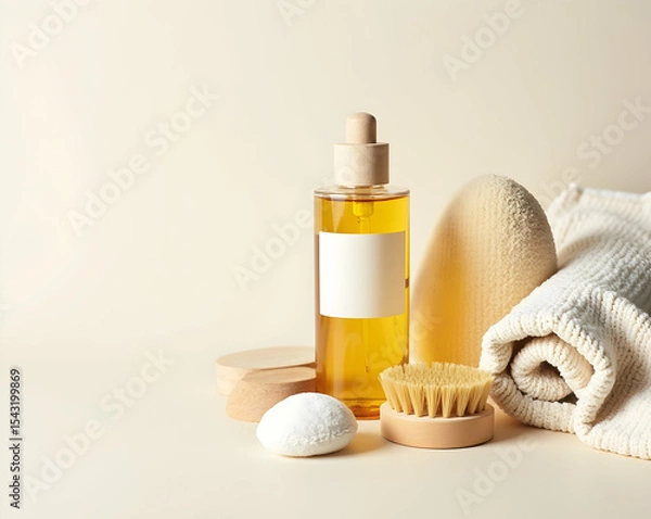 Fototapeta Harmonious flat lay showcasing wellness and spa essentials arranged for a tranquil self care experience in a soft light studio
