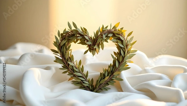 Fototapeta Heartfelt Serenity, An Intimate Still Life Photograph of a Delicate Heart-Shaped Leaf Wreath on Soft Fabric