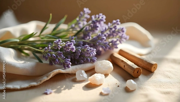 Fototapeta Harmonious Still Life with Lavender, Crystals, and Wood, Evoking Tranquility and Natural Beauty in a Simple Composition
