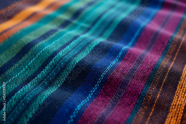 Fototapeta High-Angle, Tightly Cropped Shot of Richly Textured Fabric Exhibiting Vibrant Stripes and Detailed Weave, Perfect for Textile Enthusiasts